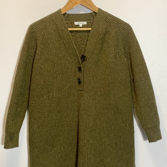 Madewell Henley Sweater Mini Dress Merino Wool Knit Pullover Olive Green Sz S - Picture 2 of 9